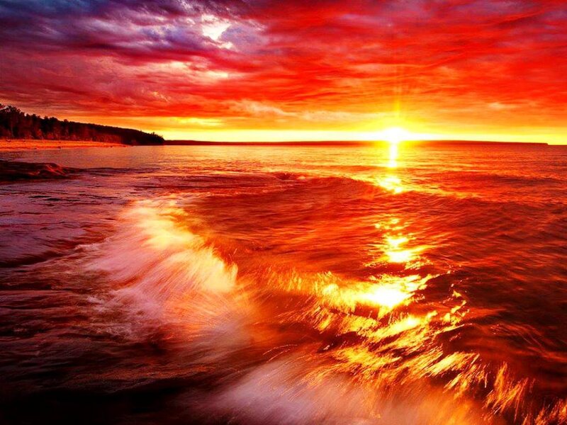 Ocean Waves at Sunset — Red, Dramatic, Photograph, Sun, Sky, Beach