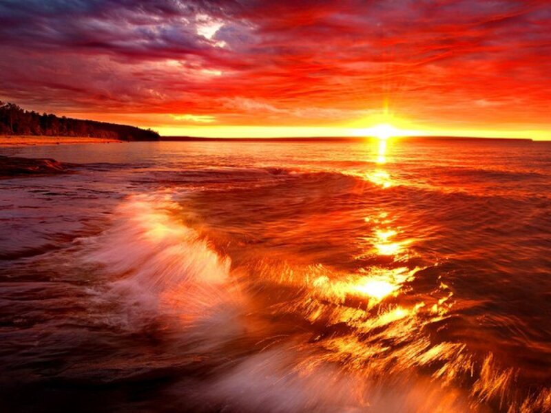 Ocean Waves at Sunset — Red, Dramatic, Photograph, Sun, Sky, Beach, Trees