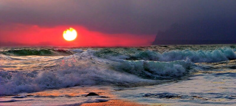 Ocean Waves at Sunset — Red, Dramatic, Photograph, Sun, Sky, Rock