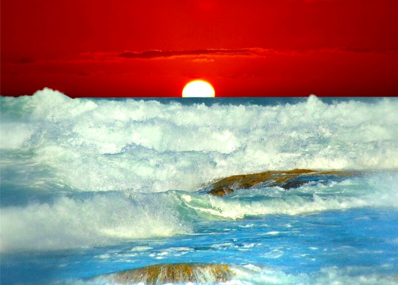 Ocean Waves at Sunset — Red, Dramatic, Photograph, Sun, Sky, Rocks