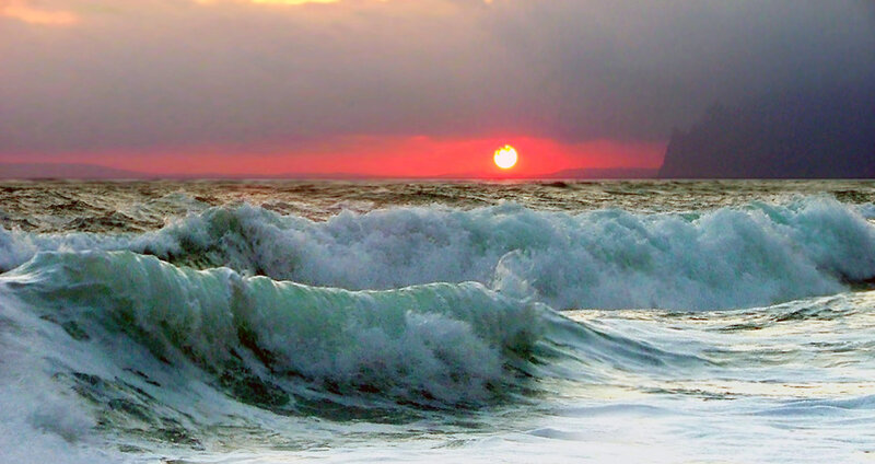 Ocean Waves at Sunset — Red, Dramatic, Photograph, Sun, Sky, Sea