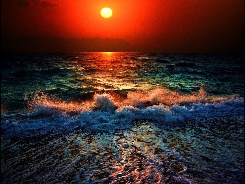 Ocean Waves at Sunset — Red, Dramatic