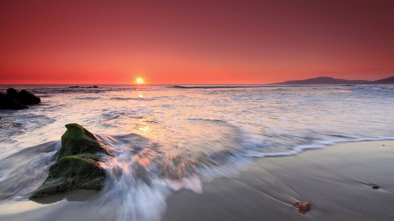 Ocean Waves at Sunset — Red, Serene, Photograph