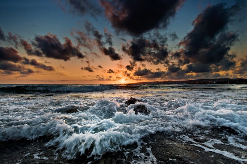 Ocean Waves at Sunset — White