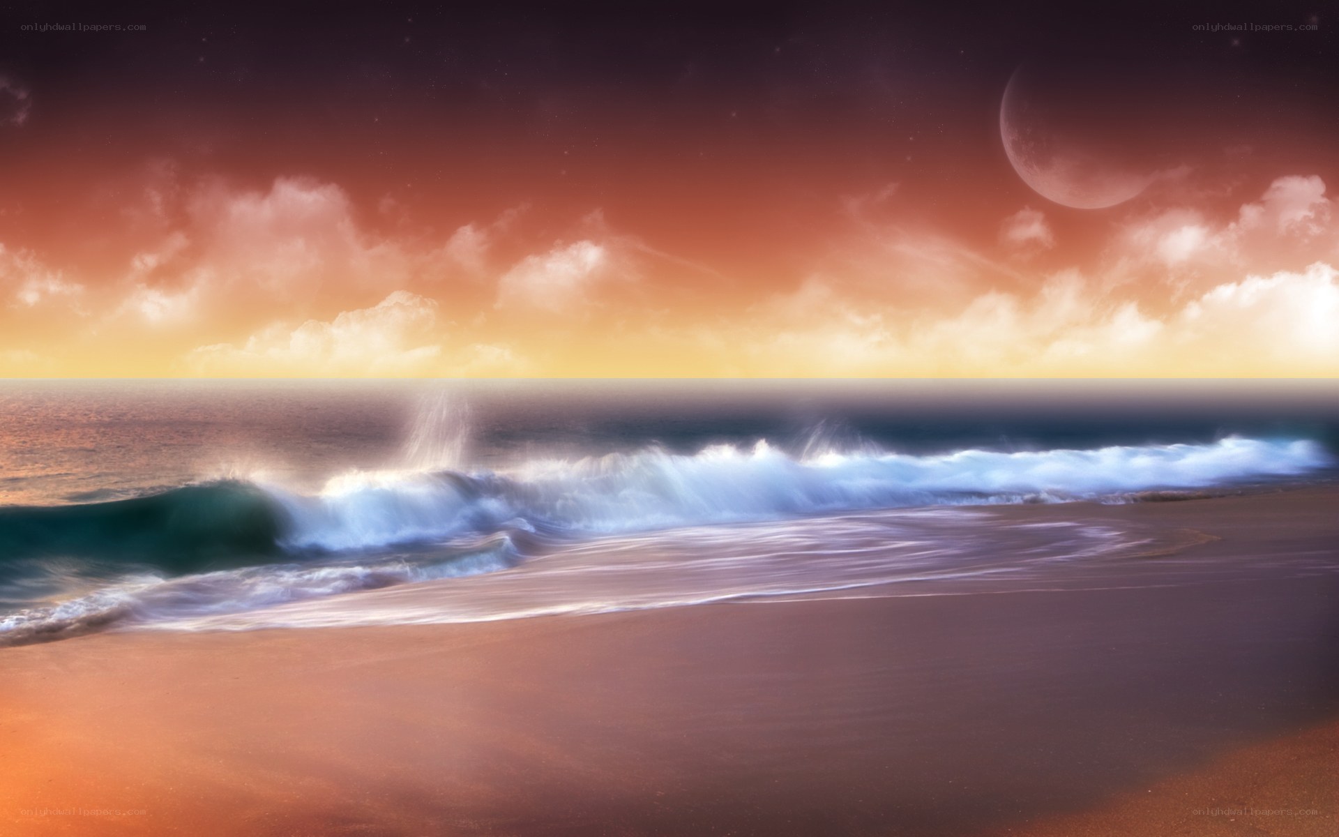 Ocean waves at sunset with moon