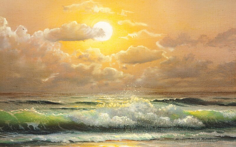 Ocean Waves at Sunset — Yellow, Dramatic, Painting