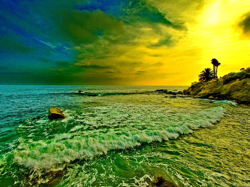 Ocean Waves at Sunset — Yellow, Dramatic, Photograph, Palm Trees