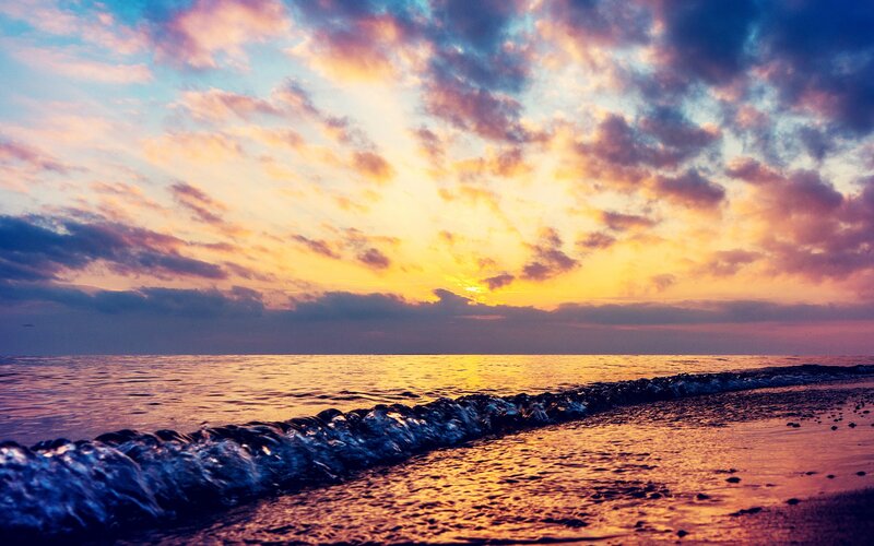 Ocean Waves at Sunset — Yellow, Dramatic, Photograph, Sky, Clouds, Sand