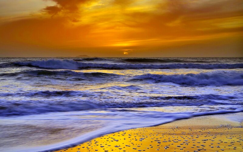 Ocean Waves at Sunset — Yellow, Dramatic, Photograph, Sky