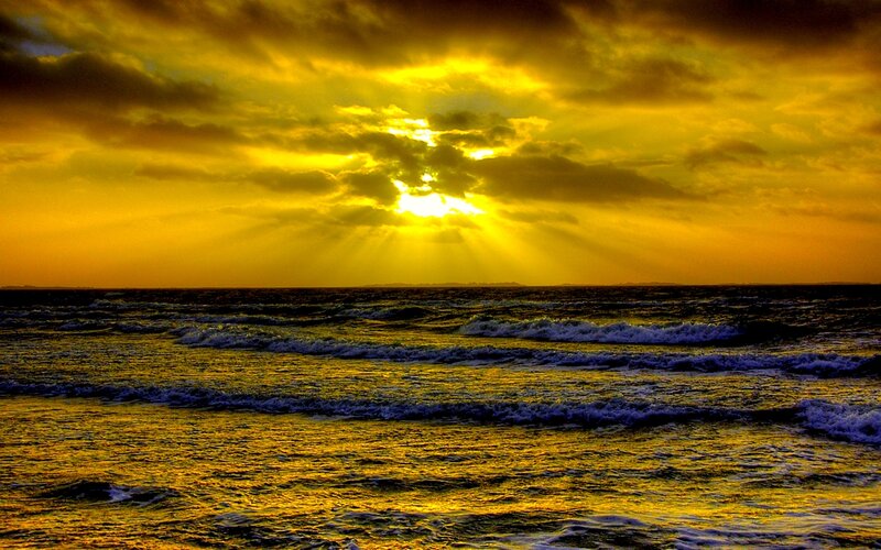 Ocean Waves at Sunset — Yellow, Dramatic, Photograph, Sun, Clouds, Sea