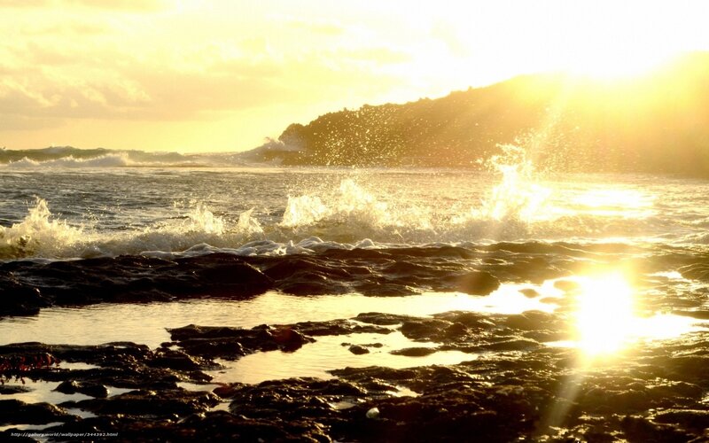 Ocean Waves at Sunset — Yellow, Dramatic, Photograph, Sun, Rocks, Sea