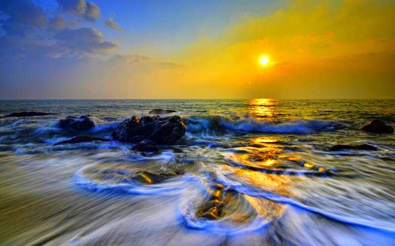 Ocean Waves at Sunset — Yellow, Dramatic, Photograph, Sun, Rocks