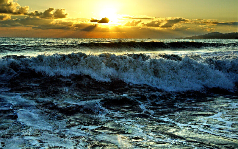 Ocean Waves at Sunset — Yellow, Dramatic, Photograph, Sun