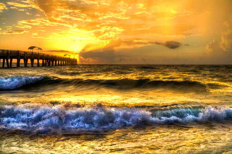 Ocean Waves at Sunset — Yellow, Dramatic, Photograph
