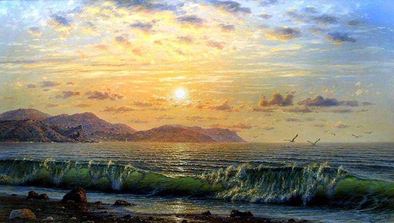 Ocean Waves at Sunset — Yellow, Serene, Painting