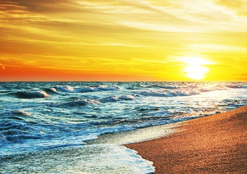 Ocean Waves at Sunset — Yellow, Serene, Photograph, Beach, Sun, Sky