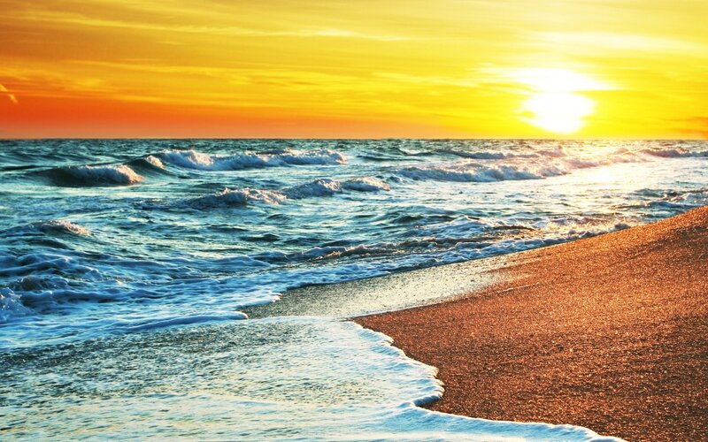 Ocean Waves at Sunset — Yellow, Serene, Photograph, Beach