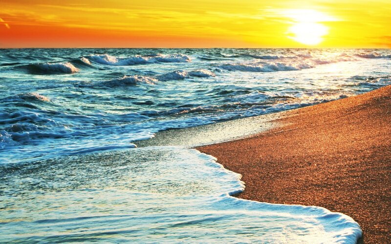 Ocean Waves at Sunset — Yellow, Serene, Photograph, Sand, Sun