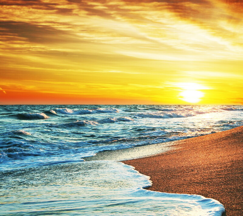 Ocean Waves at Sunset — Yellow, Serene, Photograph, Sand