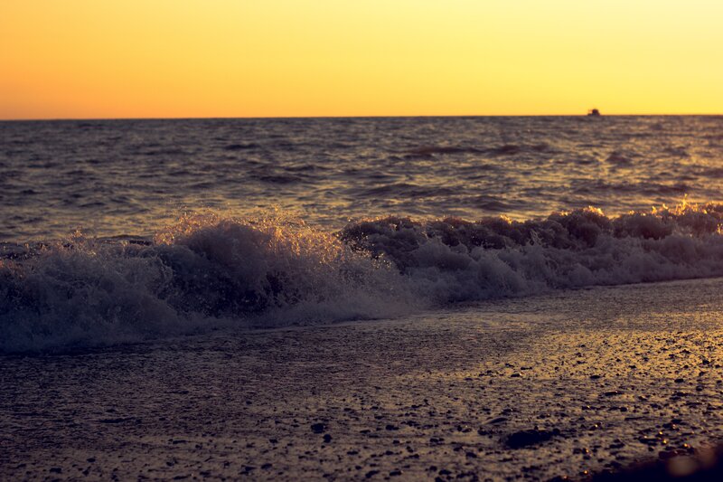 Ocean Waves at Sunset — Yellow, Serene, Photograph, Sea