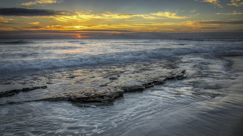 Ocean Waves at Sunset — Yellow, Serene, Photograph, Sun, Clouds, Sand