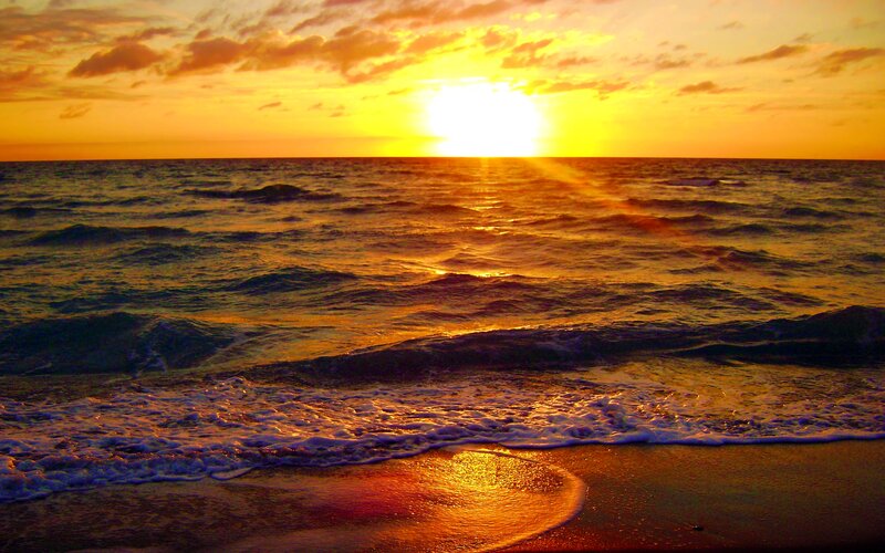 Ocean Waves at Sunset — Yellow, Serene, Photograph, Sun, Clouds