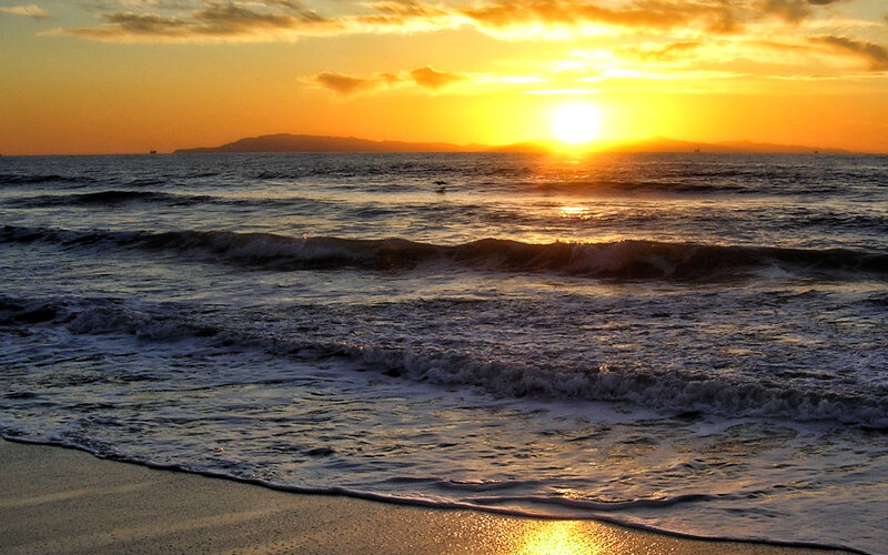 Ocean Waves at Sunset — Yellow, Serene, Photograph, Sun, Sea, Island