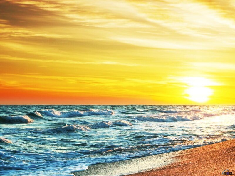 Ocean Waves at Sunset — Yellow, Serene, Photograph, Sun, Sky, Beach, Orange, Blue