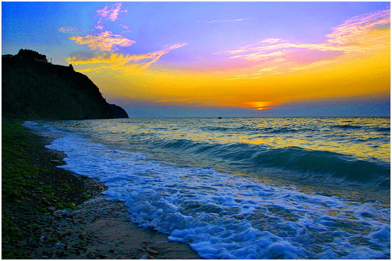 Ocean Waves at Sunset — Yellow, Serene, Photograph
