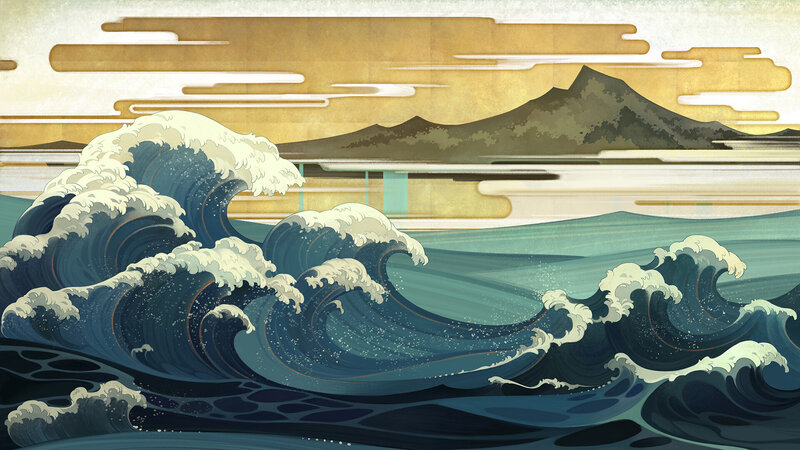 Ocean Waves Crashing — Blue, Dramatic, Afternoon, Illustration