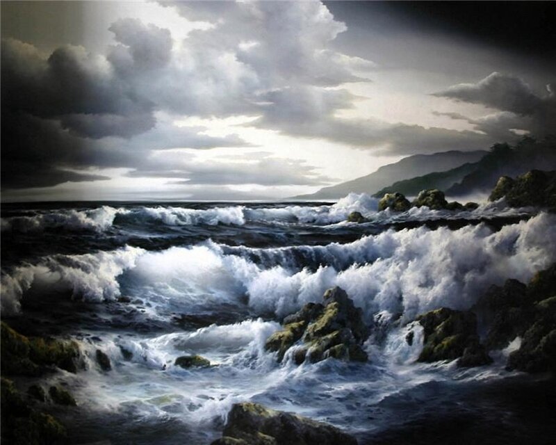 Ocean Waves Crashing — Blue, Dramatic, Afternoon, Painting, Rocks