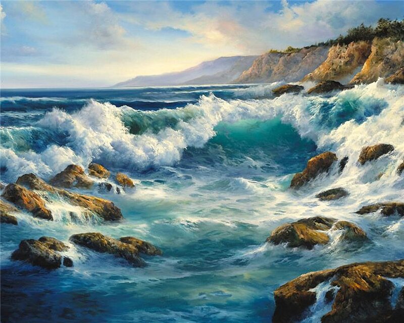 Ocean Waves Crashing — Blue, Dramatic, Afternoon, Painting