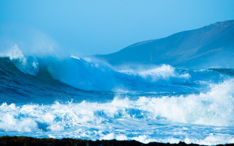 Ocean Waves Crashing — Blue, Dramatic, Afternoon, Photograph, Mountain