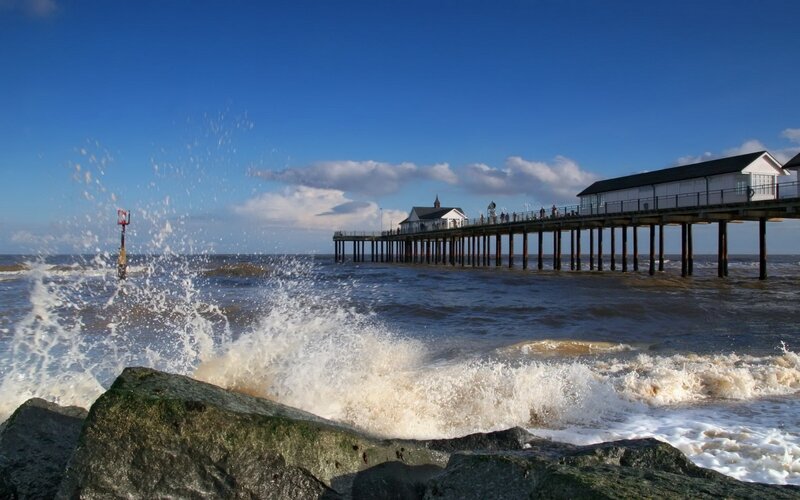 Ocean Waves Crashing — Blue, Dramatic, Afternoon, Photograph, Pier
