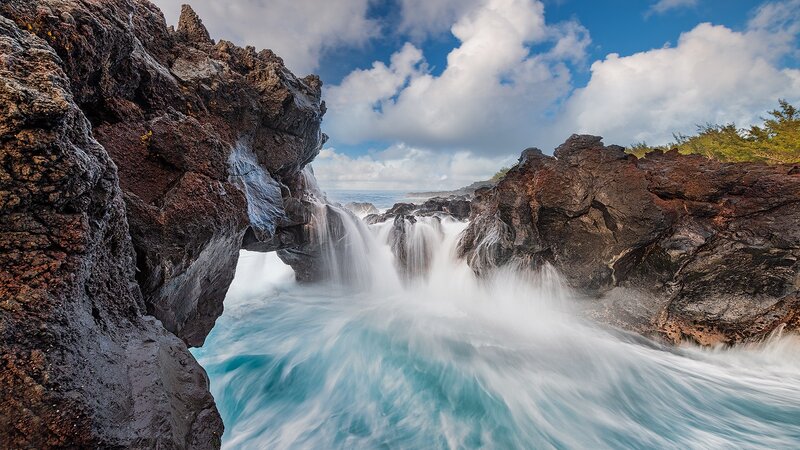 Ocean Waves Crashing — Blue, Dramatic, Afternoon, Photograph, Rocks, Clouds, Trees