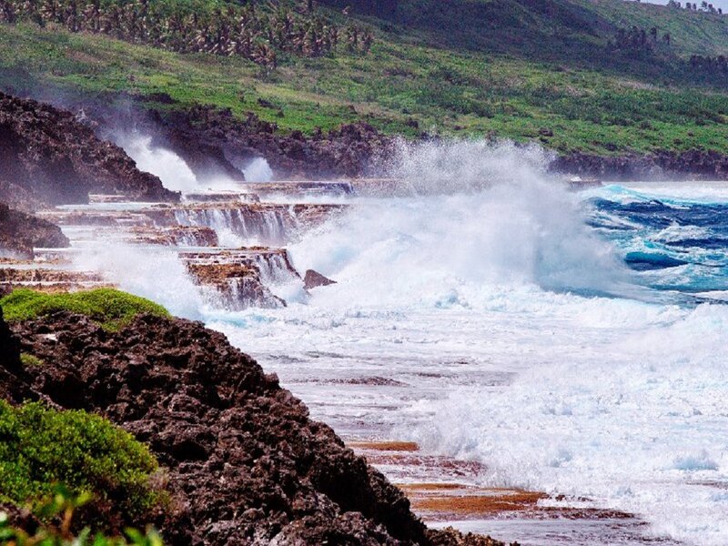 Ocean Waves Crashing — Blue, Dramatic, Afternoon, Photograph, Rocks, Green Hills
