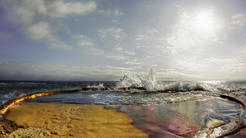 Ocean Waves Crashing — Blue, Dramatic, Afternoon, Photograph, Sand, Sky