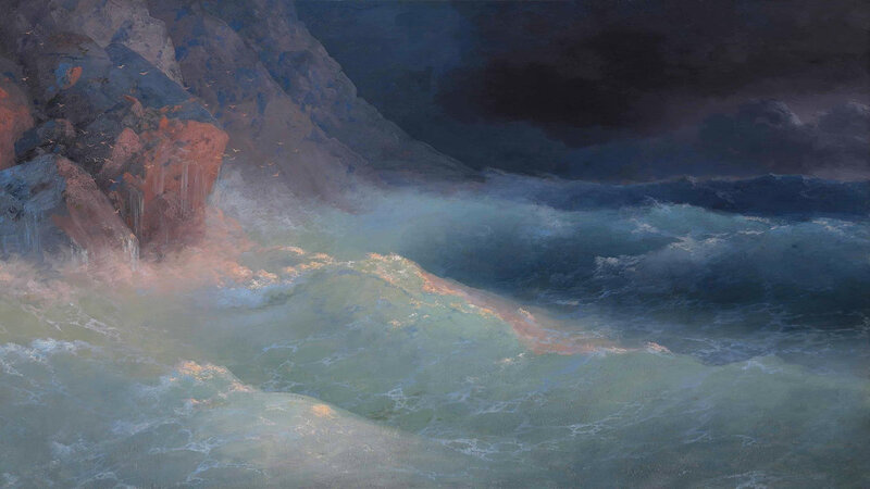 Ocean Waves Crashing — Blue, Dramatic, Night, Painting