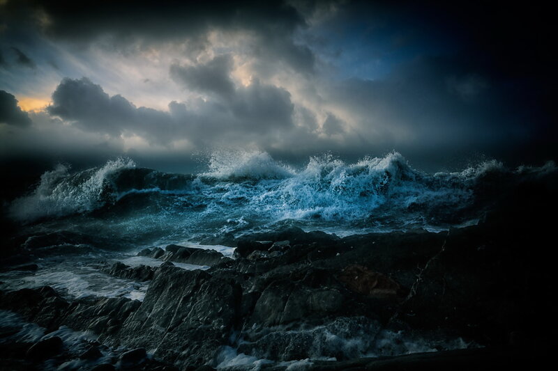 Ocean Waves Crashing — Blue, Dramatic, Night, Photograph
