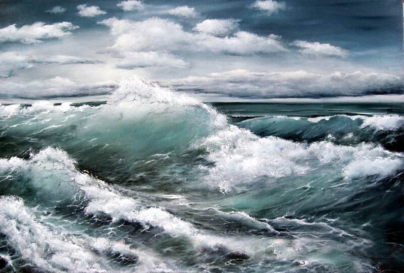 Ocean Waves Crashing — Blue, Dramatic, Painting, Clouds