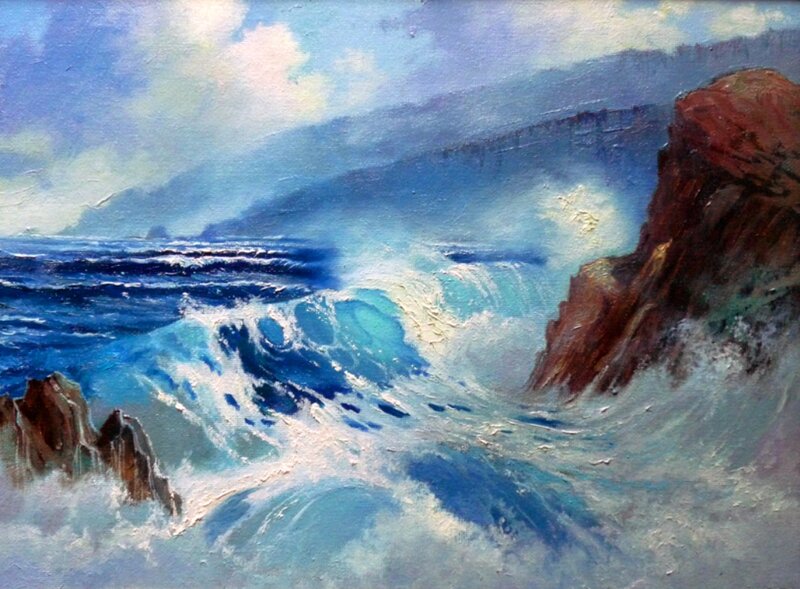 Ocean Waves Crashing — Blue, Dramatic, Painting, Rocks, Sea