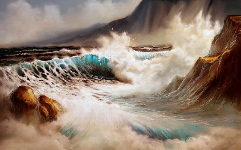 Ocean Waves Crashing — Blue, Dramatic, Painting, Rocks
