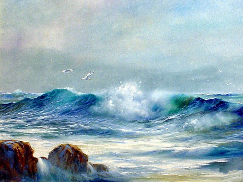 Ocean Waves Crashing — Blue, Dramatic, Painting