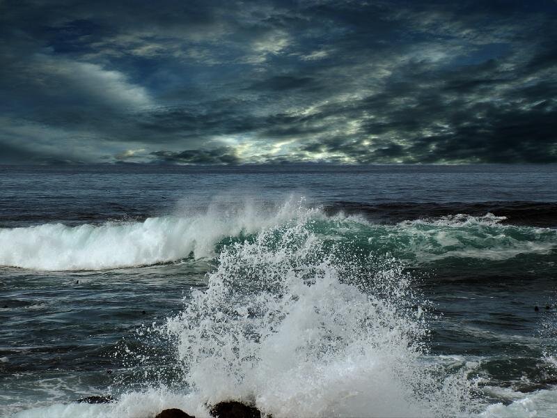 Ocean Waves Crashing — Blue, Dramatic, Photograph, Clouds, Sea