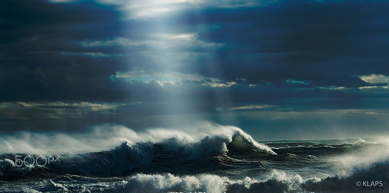 Ocean Waves Crashing — Blue, Dramatic, Photograph, Clouds, Sunlight