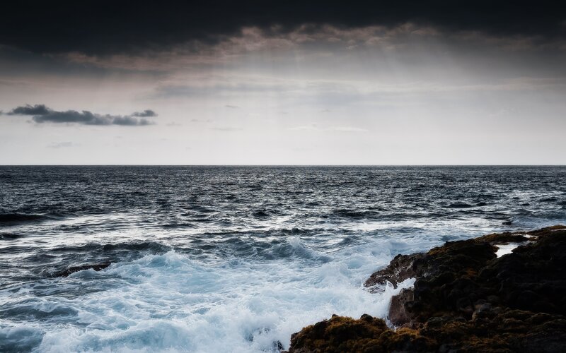 Ocean Waves Crashing — Blue, Dramatic, Photograph, Rocks, Clouds, Sea