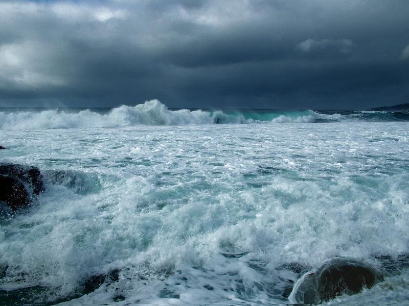 Ocean Waves Crashing — Blue, Dramatic, Photograph, Rocks, Clouds