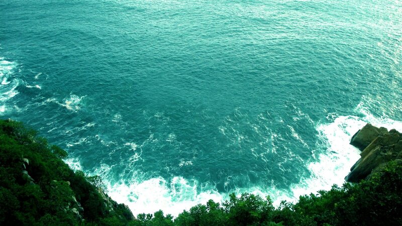Ocean Waves Crashing — Blue, Dramatic, Photograph, Rocks, Vegetation