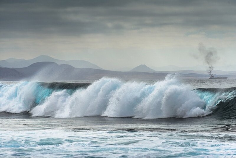 Ocean Waves Crashing — Blue, Dramatic, Photograph, Ship