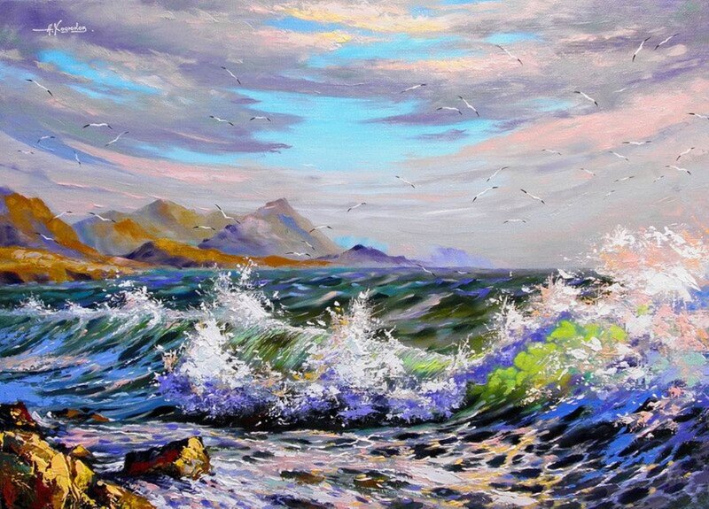Ocean Waves Crashing — Blue, Dramatic, Sunset, Painting, Birds